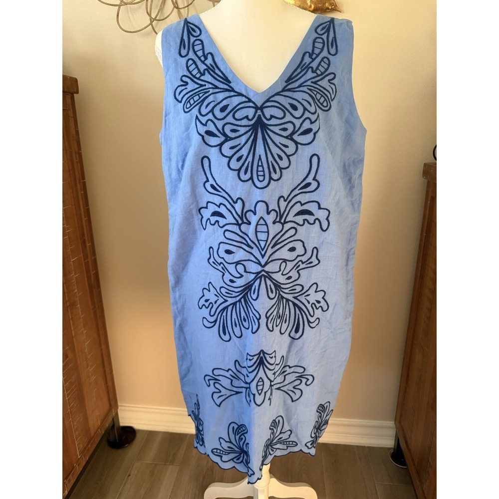 Talbots 16P Blue Linen Blend Embroidered Shift Dress Sleeveless Petite